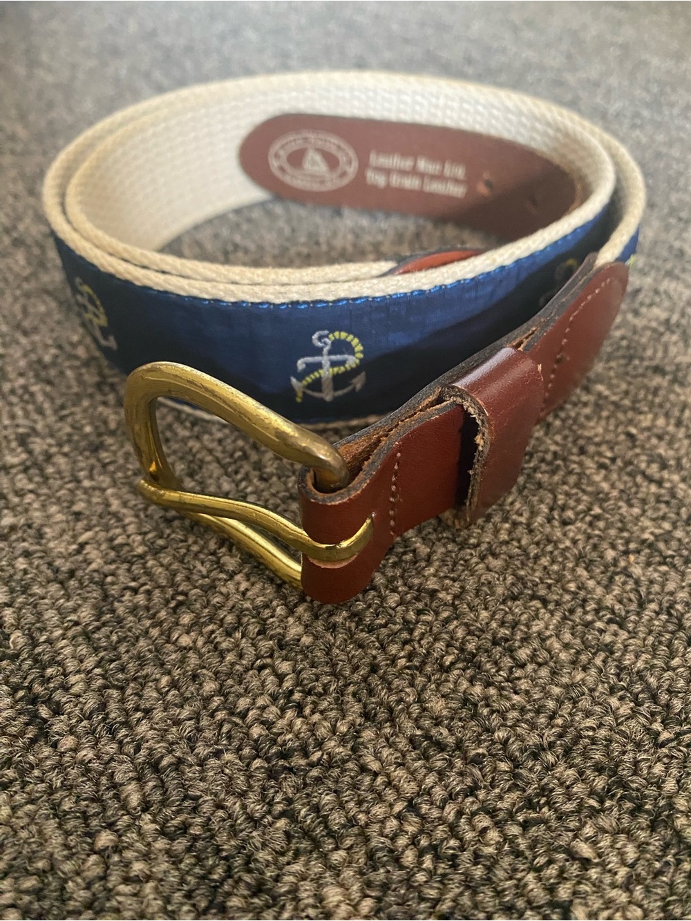 Preppy Nautical Anchor Ribbon Leather Tab Belt Navy Blue